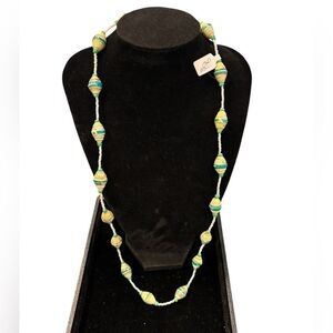 Vintage Artisan Paper Bead Green White Beaded Necklace